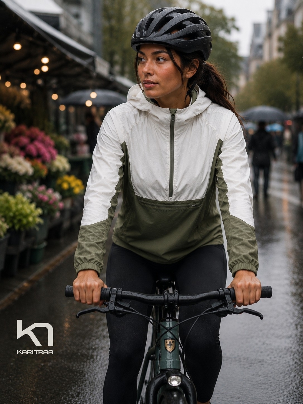 Kari Traa Hooded Half Zip Pullover Women's M Olive White Outdoor Hiking Jacket